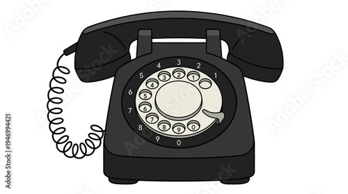 Vintage rotary telephone, a 1950s princess model, complete with desk set, headset receiver, and disc, depicted as a flat vector illustration on a white background