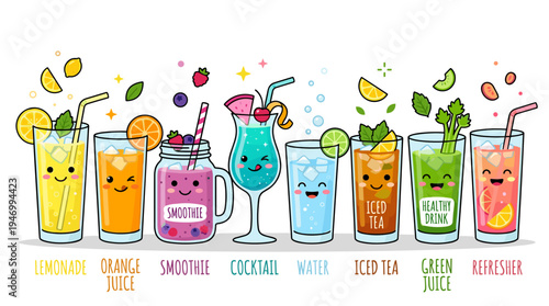 Glasses of soft drinks featuring adorable, whimsical faces. A selection of fruit and vegetable juices, invigorating cocktails, wholesome drinks, smoothies, and lemonades. The illustration bursts with