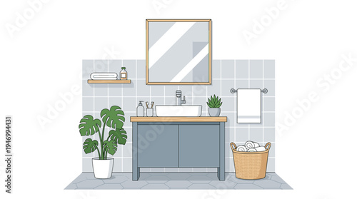 A modern bathroom features a mirror and sink, complemented by hygienic furnishings and décor, including a washbasin, faucet, wall tiles, towel, indoor plants, and a basket, all depicted in a flat