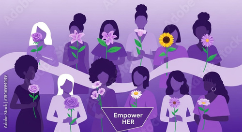 Diverse group of women holding flowers with empower her banner symbolizing female empowerment and solidarity in a purple background