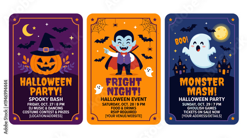 A collection of Halloween party invitation, flyer, or poster templates featuring frightening characters like Jack‑o‑lanterns, vampires, and ghosts, rendered as vector illustrations for holiday event
