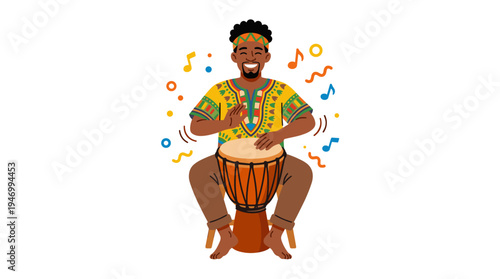 A joyful individual performing African ethnic music on a jembe, a traditional drum, depicted as a colored flat vector illustration against a white background