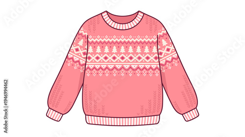 Vector illustration of a knitted jumper: a cute pink sweater with a decorative ornament, isolated on a white background, warm woolen winter clothing, handmade and stylish for cold weather