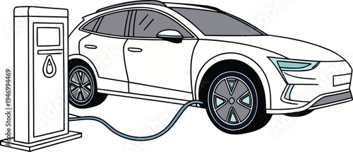 Electric vehicle charging at a power station in a minimalist line art illustration style featuring a white EV car on an isolated background.