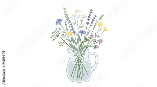 Glass vase holds spring flowers: a field bloom, cut meadow stems, and delicate summer wildflowers and simple herbs, rendered as a flat vector illustration on a white background