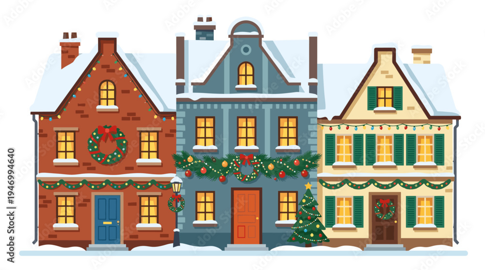 Fototapeta premium Illustrations of European houses adorned with Christmas decorations on their facades, old city dwellings covered in snow and festively decorated for the holiday, presented as flat vector graphics on