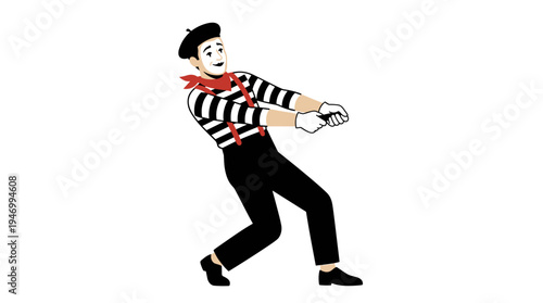 A French mime and comic performer, acting silently on the street while mimicking pantomime, pulls a rope with gloved hands in a flat vector illustration set against a white background