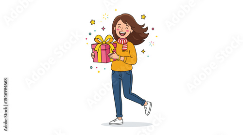 Joyful girl clutching a gift box, beaming with excitement as she holds a present tied with a ribbon for the holiday, celebrating the festive surprise inside. The illustration is a flat vector image