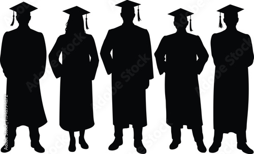 Graduation silhouette icon set, student and academic graphics, ceremony and success symbols, education achievement figures, black vector, white background