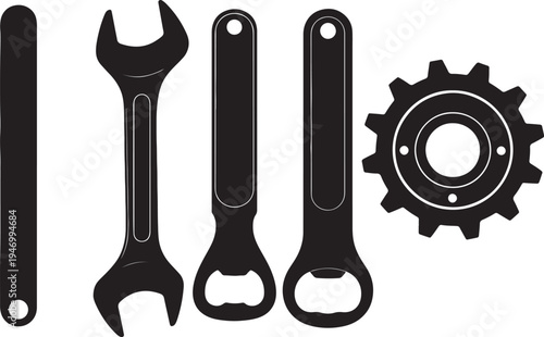 Black silhouettes of a screwdriver a wrench a bottle opener and a gear also transparent background tools