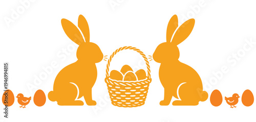 Vector illustration of an Easter bunny with a basket of colorful Easter eggs.