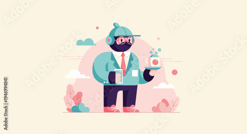 Cartoon character in a suit, holding a phone and a cup of coffee