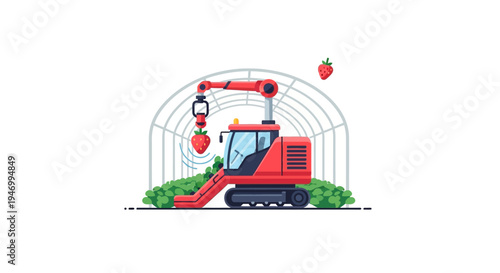 Red tractor in a greenhouse setting.