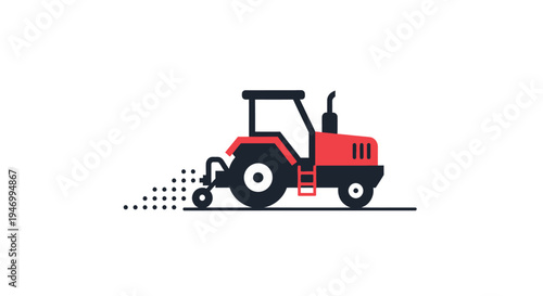 Red Tractor Spreading Fertilizer on Field.