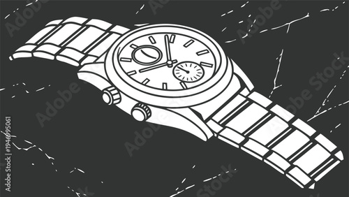 Minimalist line art illustration of a luxury wristwatch with a metal link bracelet resting on a dark textured background for modern lifestyle design