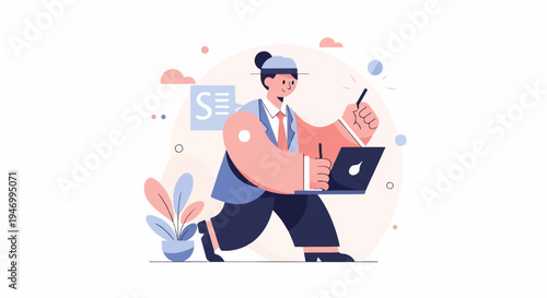 Person in formal attire strides with a laptop and stylus, a plant nearby