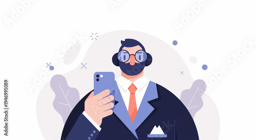 Flat illustration of a man in a suit taking a selfie with a phone