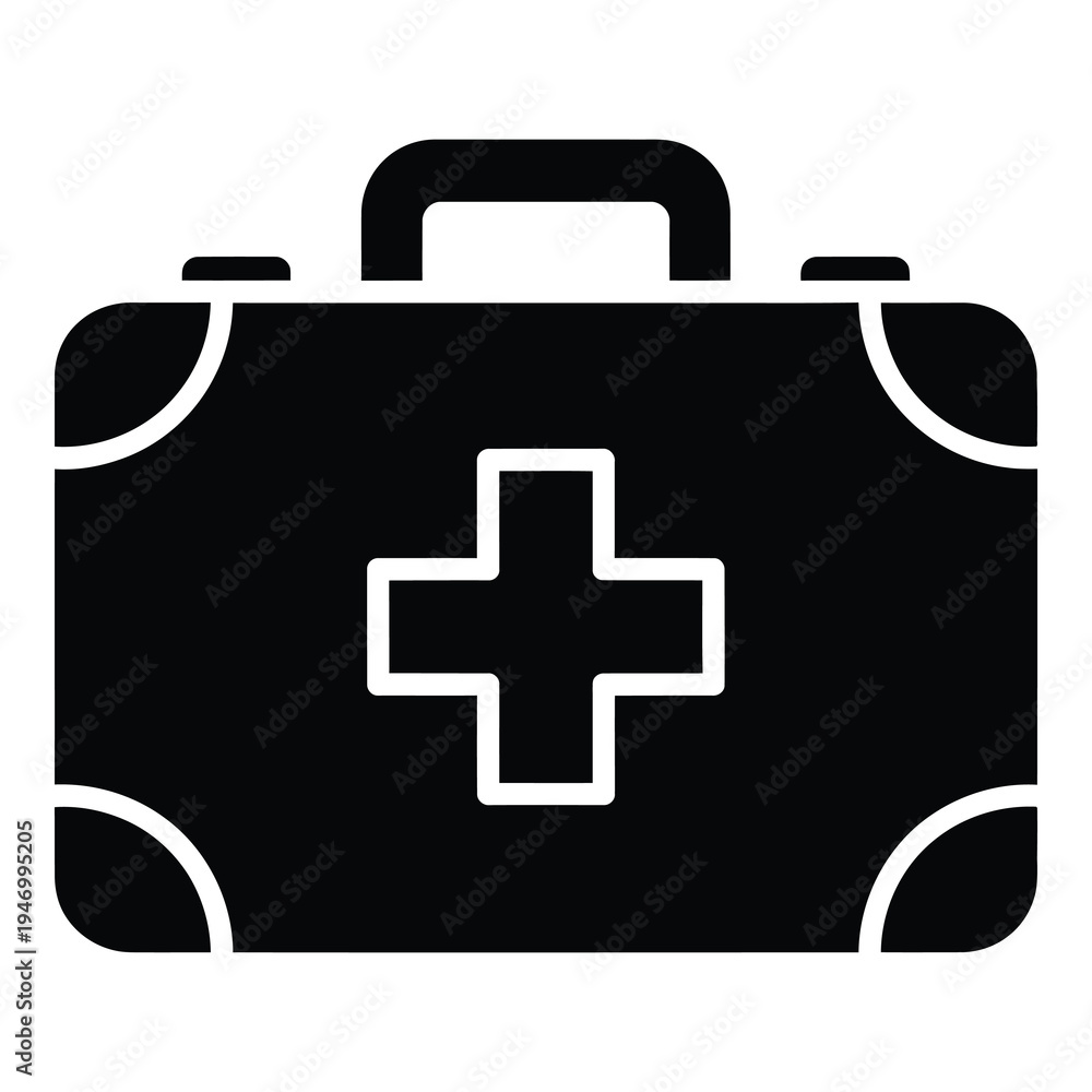 Obraz premium Black medical first aid kit box with white cross handle icon