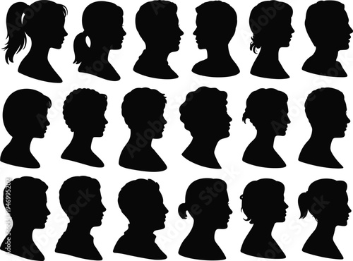 Human head silhouette icon set, hairstyle profile graphics, male and female symbols, people outline figures, black vector, white background
