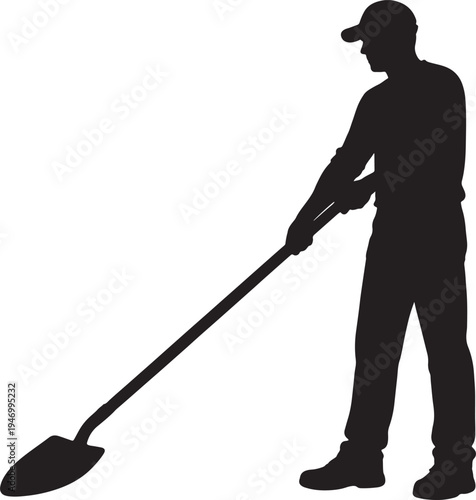 Silhouette of a man wearing a cap holding a shovel also transparent background digging