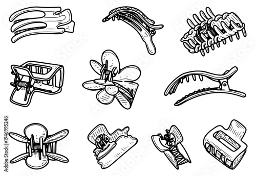 A set of hair clips. Vector sketch, hand drawn. Hairgrip, claw clip, pin. Curl styling, fixation. Line art graphic illustration.