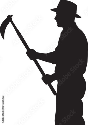 Silhouette of a person holding a scythe wearing a hat also transparent background shadow