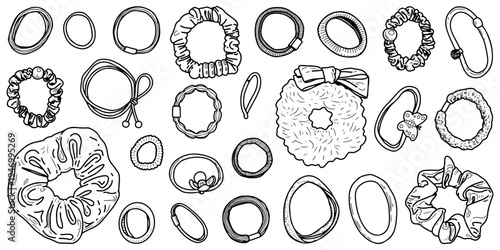 Large set of hair ties. Vector sketch, hand drawn. Elastic ring for styling hair. Ponytail tying accessory. Line art graphic illustration.
