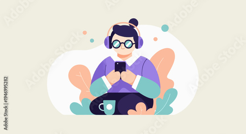 Person in headphones, glasses, and purple outfit using phone
