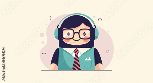 Friendly cartoon character with glasses and headphones, wearing a tie