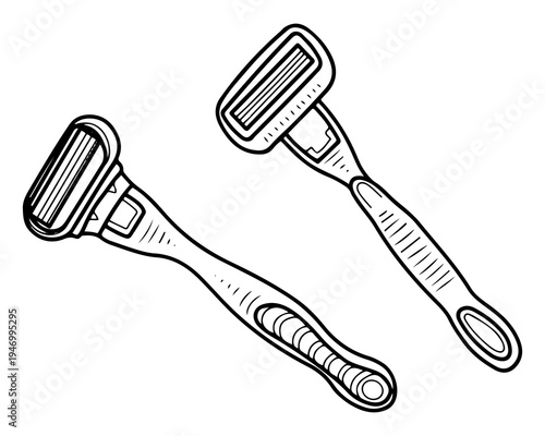 Set of razors. Vector sketch, hand drawn. Body care. Hair trimming blade. Reusable razor. Beauty procedure. Line art graphic illustration.