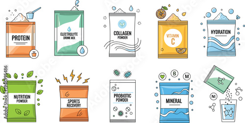 Nutrition supplement powder packaging icons set with protein collagen vitamin electrolyte probiotic mineral and hydration drink mix packets