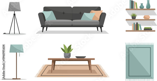 Minimalist living room elements couch, lamps, coffee table, shelves, rug
