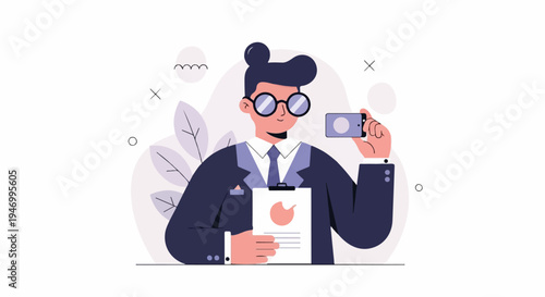 Person in suit taking picture with phone, holding document