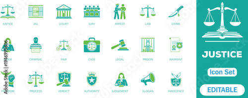 Justice Editable solid icon set. Symbol for judge, gavel, scales, handcuffs, prison, court, government and law enforcement websites and more perfect vector icons collection.


