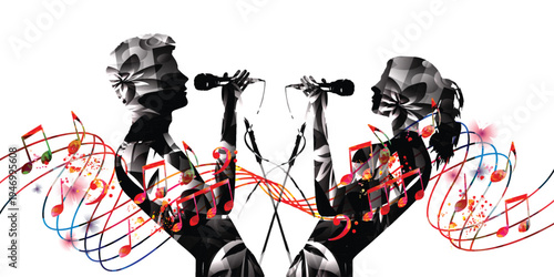 Silhouette of male and female singers with floral patterns and colorful swirling musical notes on a clean white background