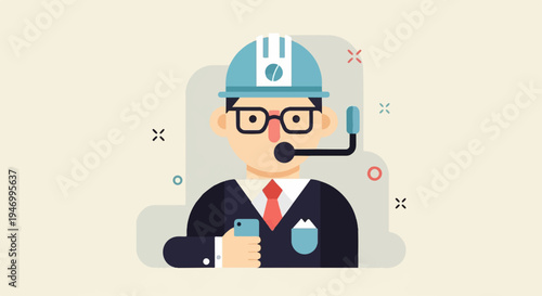 Flat illustration of a man in a hard hat with headset and phone