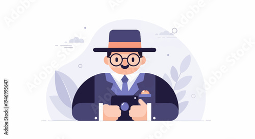 Flat illustration of a man in a hat and suit holding a camera