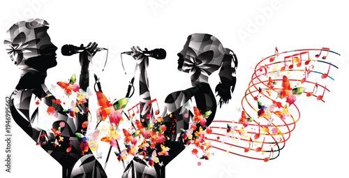 Silhouette of male and female singers with floral patterns and colorful swirling musical notes on a clean white background