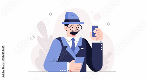 Man in suit and hat holds two phones, appears surprised by content