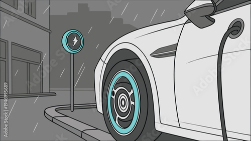 Electric vehicle charging at a street station during a rainy day in a minimalist vector illustration showing the car wheel and cable.
