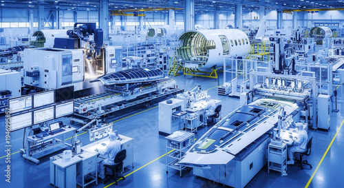 A modern factory floor shows the advanced technology used in aircraft manufacturing, with planes being assembled and workers performing specialized tasks