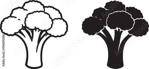 Two stylized silhouettes of broccoli one in black and one in white on a plain background also transparent background