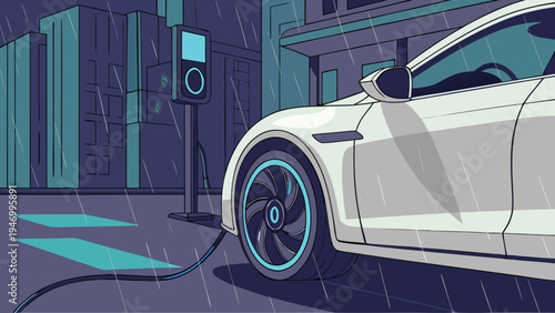Electric vehicle charging at a station on a rainy city street at night in a flat vector illustration style for clean energy concepts.