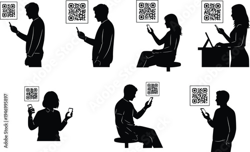 Cad drawing flat vector illustration of people silhouettes scanning QR codes with smartphones for digital payment, information, and mobile check-in.