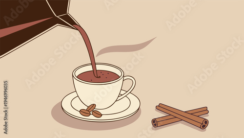 Coffee being poured from a pot into a ceramic cup with roasted beans and cinnamon sticks in a minimal flat vector illustration style.