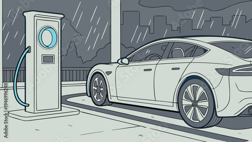 Electric car charging at a public station during a rainy night in the city, presented as a clean vector illustration for green energy concepts.
