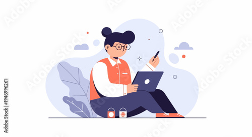 Person in glasses works on laptop with stylus, seated amidst abstract shapes