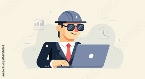 Person in hard hat and suit works on a laptop with abstract elements