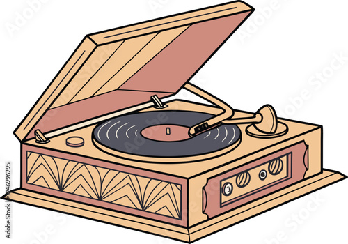 Vintage record player illustration featuring a classic wooden turntable with an open lid playing a black vinyl record in a hand-drawn retro style.