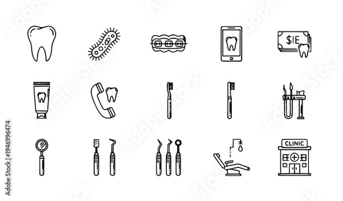 Dentist clinic icons dental care tooth braces healthcare vector set